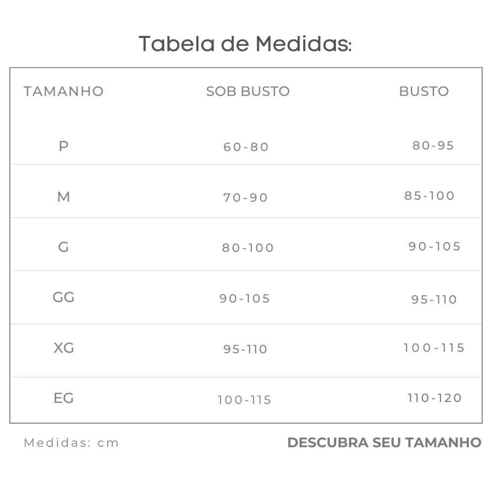 Tabela de medidas de sutiã com tamanhos P a EG, mostrando circunferências sob busto e busto em centímetros.